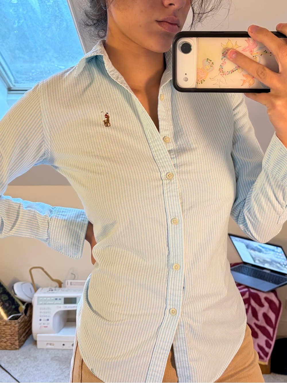 Ralph Lauren Light Blue and White Striped Cotton Button-Down Shirt